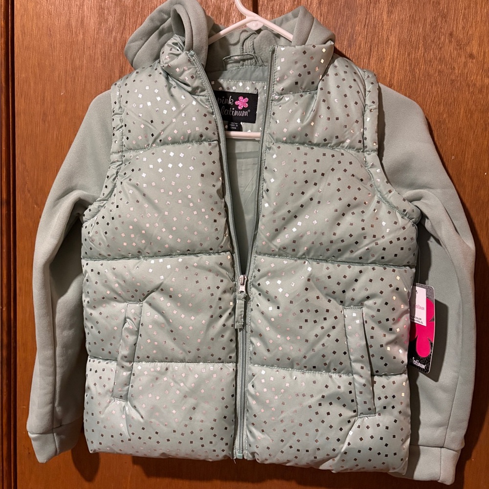 Pink Platinum Light Green Puffer Vest with Silver Accents